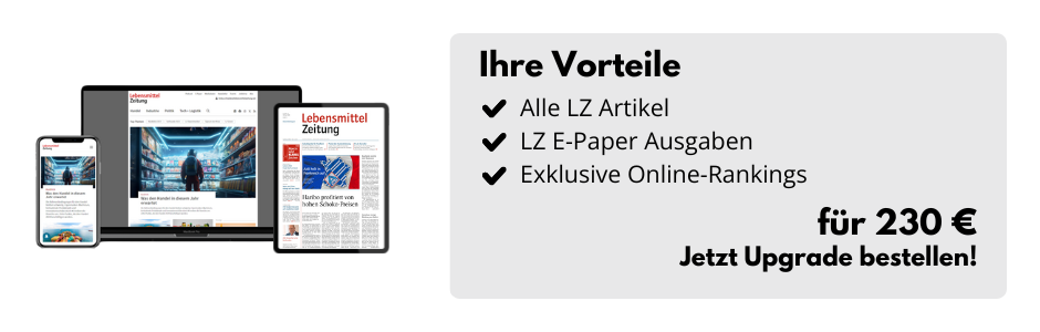 Bildschirm, Tablet und Smartphone, daneben eine Infobox: 100% Branchenwissen, Hintergrundberichte, wöchentliche Print-Ausgabe. Upgrade für 230 € bestellen.